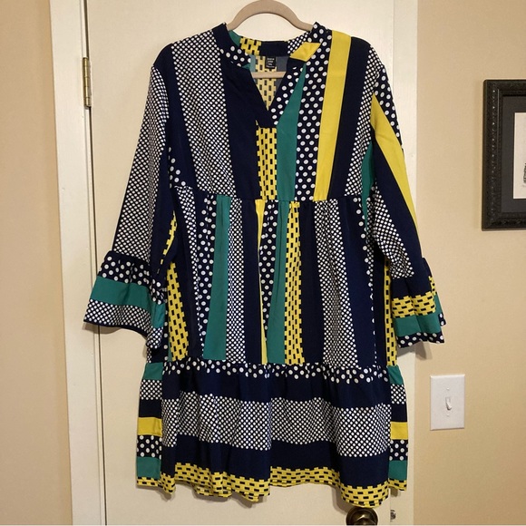 Plus patchwork print flounce sleeve ruffle hem dress - Picture 1 of 6